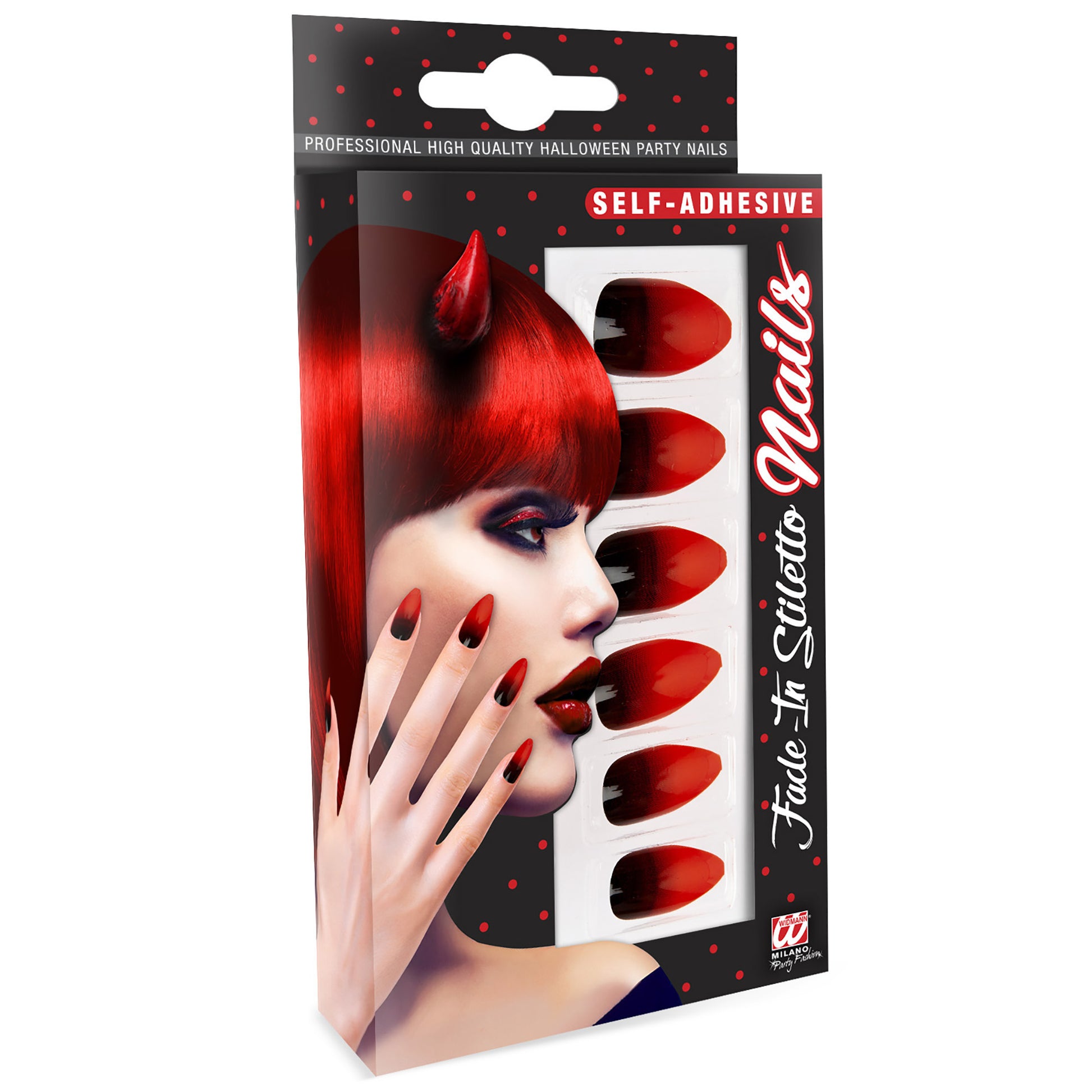 "Set von 12 SELBSTKLEBENDEN FINGERNÄGELN - STILETTO SCHWARZ / ROT" – Vorderansicht