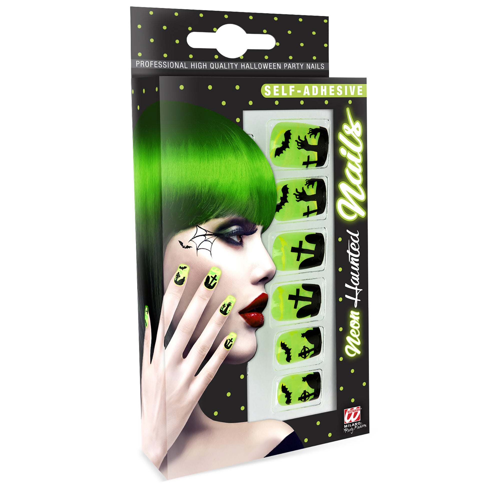 "Set von 12 SELBSTKLEBENDEN SPOOKY FINGERNÄGELN-NEON" – Vorderansicht