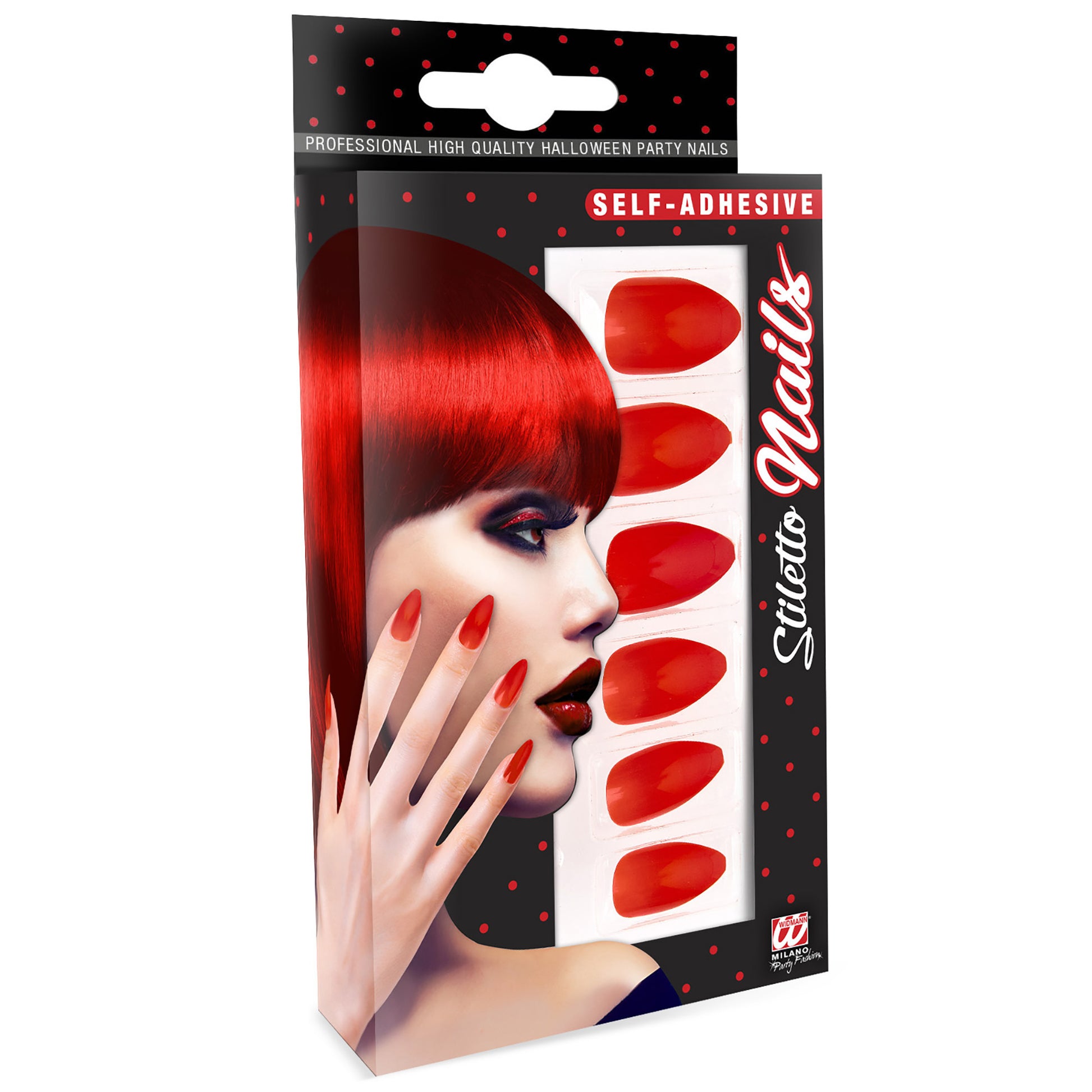 "Set von 12 SELBSTKLEBENDEN STILETTO FINGERNÄGELN - ROT" – Vorderansicht
