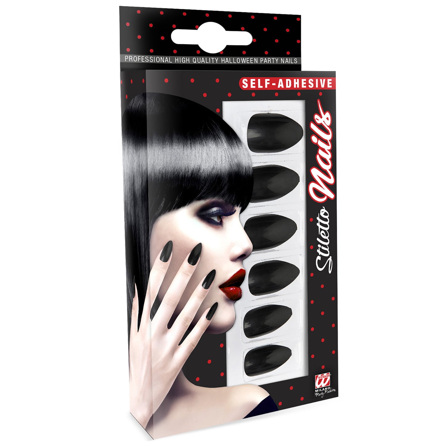 "Set von 12 SELBSTKLEBENDEN STILETTO FINGERNÄGELN - SCHWARZ" – Vorderansicht