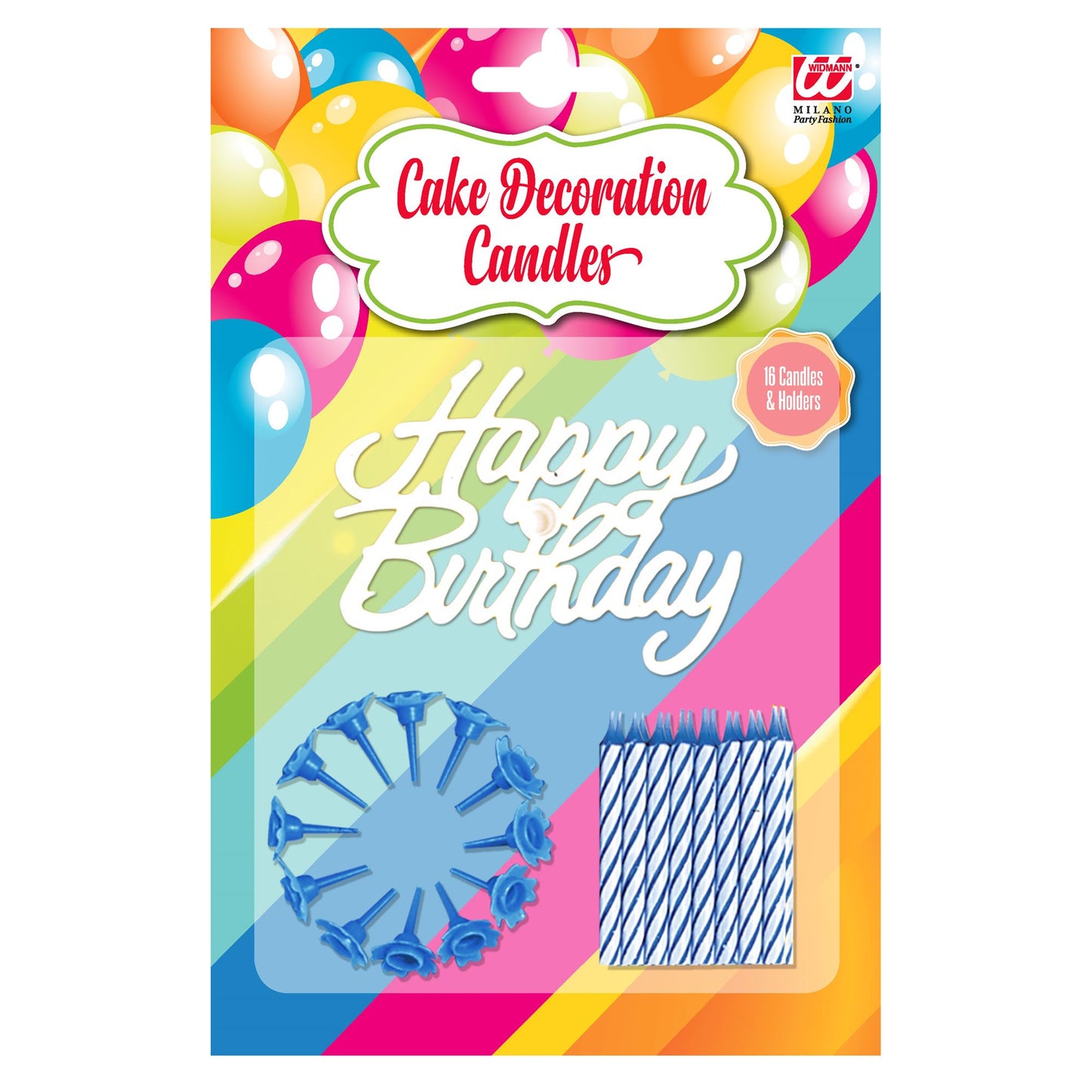 "Set von 16 KUCHENKERZEN HAPPY BIRTHDAY MIT HALTER" blau – Vorderansicht