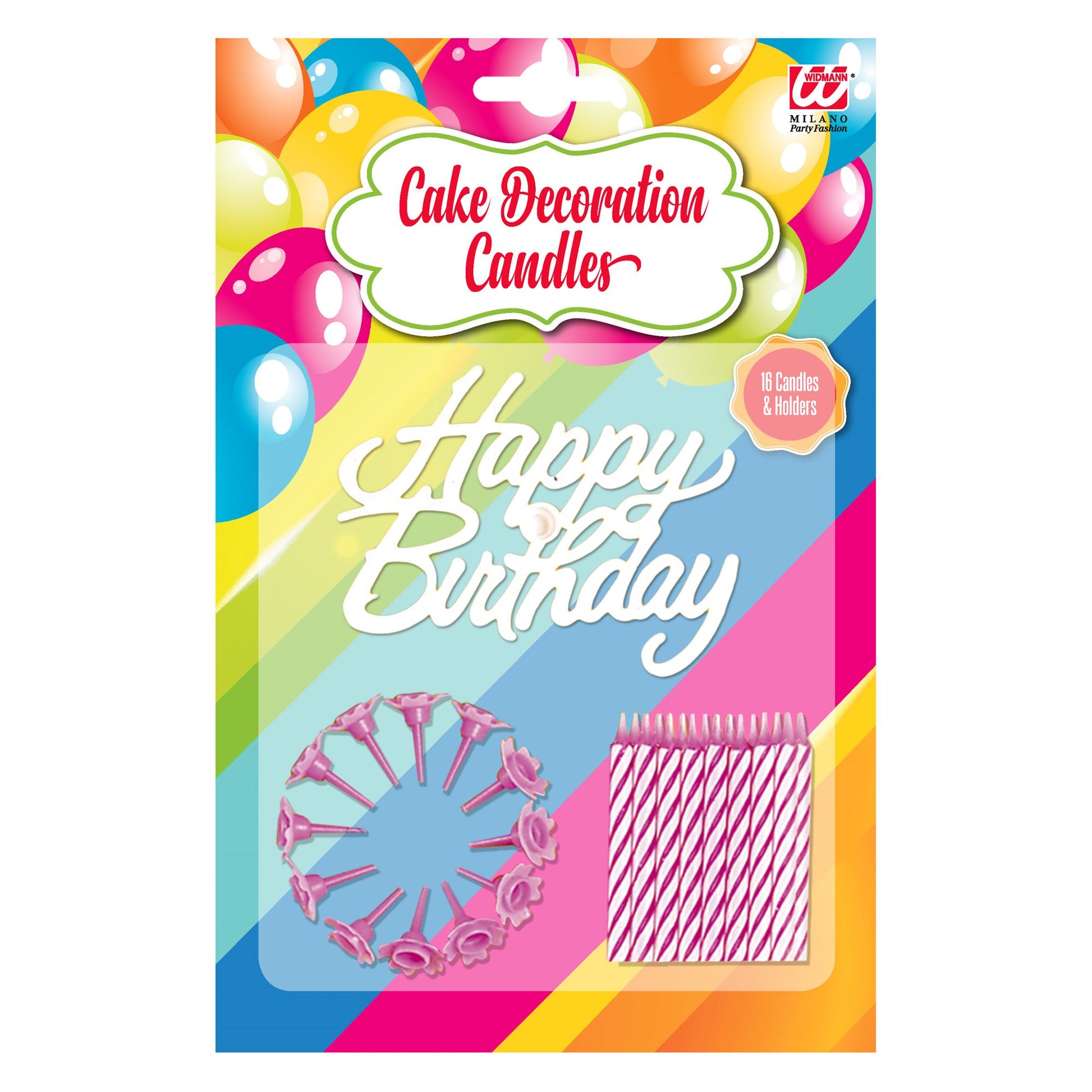 "Set von 16 KUCHENKERZEN HAPPY BIRTHDAY MIT HALTER" rosa – Vorderansicht