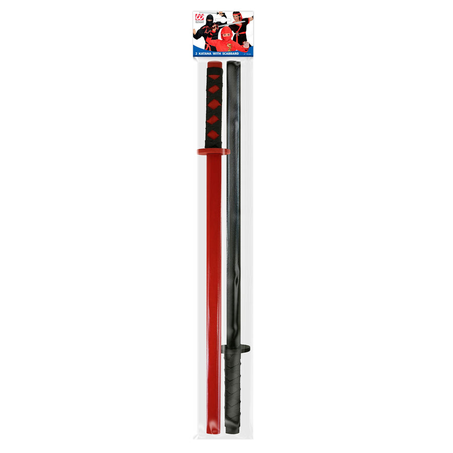 "SET VON 2 NINJA KATANAS IN ROT & SCHWARZ AUS HOLZ" 72 cm – Detailansicht