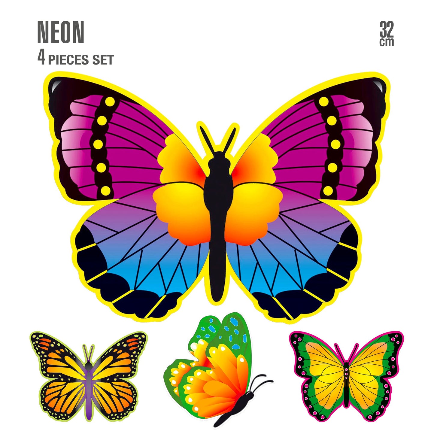 "Set von 4 NEON-SCHMETTERLINGEN" 32 cm – Vorderansicht