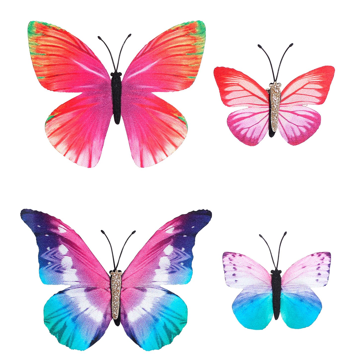 "SET VON 4 SCHMETTERLING HAARKLAMMERN" 4 Farben sortiert – Vorderansicht