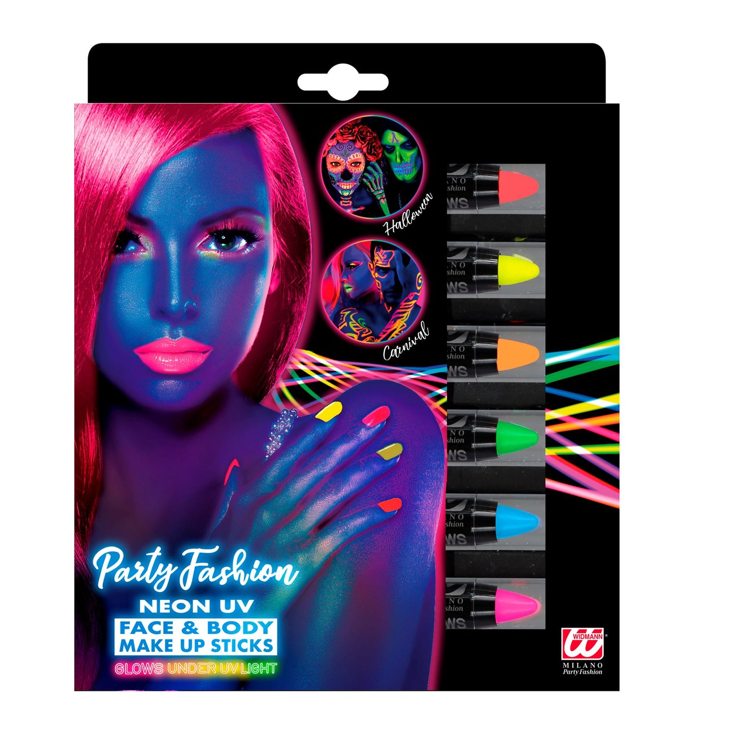 "SET VON 6 HERAUSDREHBAREN NEON SCHMINKSTIFTEN IN BOX" (2 x neon rosa, 1 gelb, 1 orange, 1 grün, 1 blau) – Vorderansicht