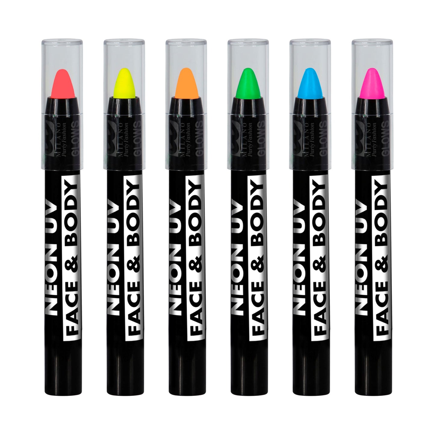 "SET VON 6 HERAUSDREHBAREN NEON SCHMINKSTIFTEN IN BOX" (2 x neon rosa, 1 gelb, 1 orange, 1 grün, 1 blau) – Detailansicht