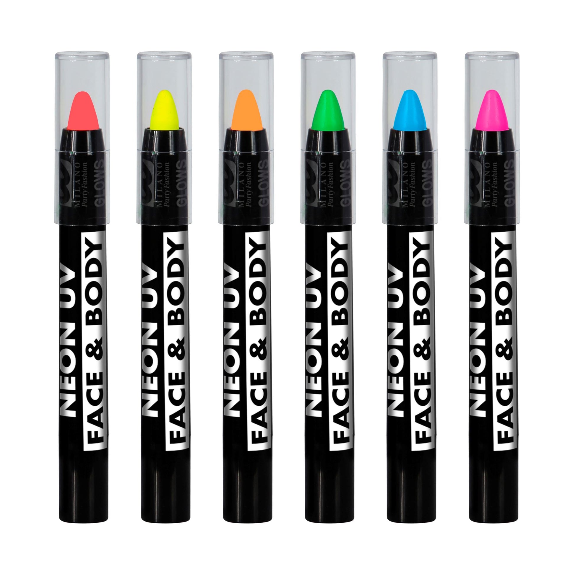 "SET VON 6 HERAUSDREHBAREN NEON SCHMINKSTIFTEN IN BOX" (2 x neon rosa, 1 gelb, 1 orange, 1 grün, 1 blau) – Detailansicht
