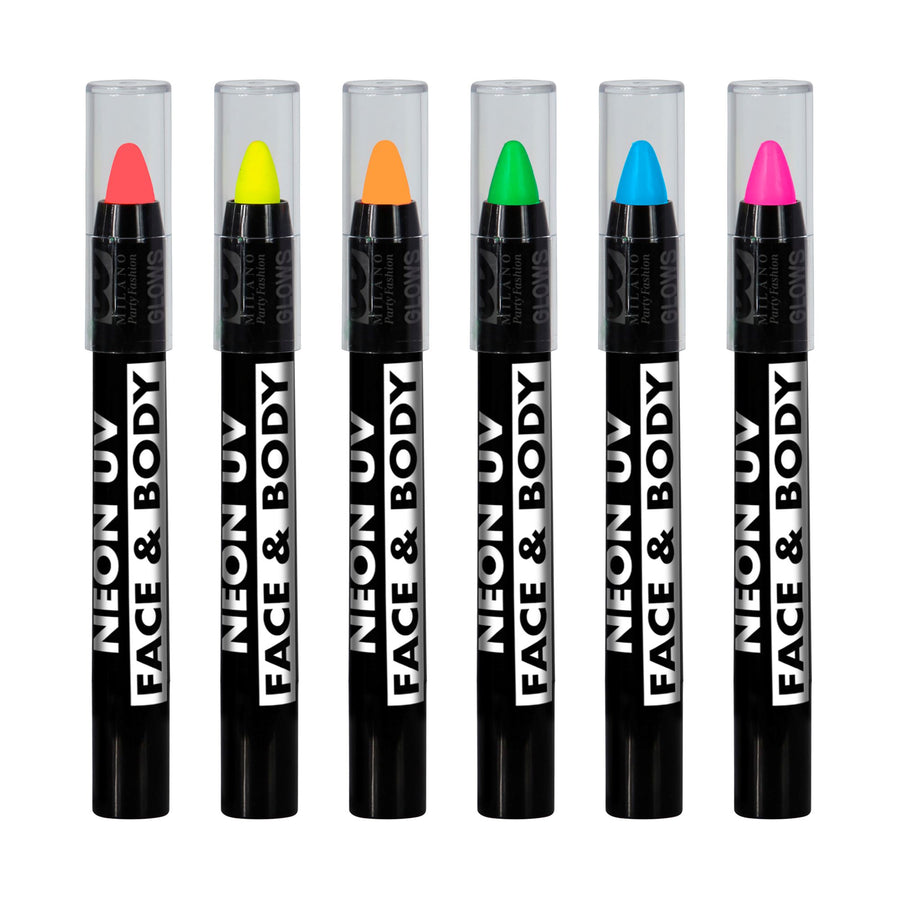 "SET VON 6 HERAUSDREHBAREN NEON SCHMINKSTIFTEN IN BOX" (2 x neon rosa, 1 gelb, 1 orange, 1 grün, 1 blau) – Detailansicht