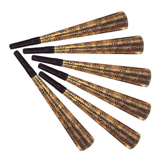 "Set von 6 TROMPETEN FELIZ AÑO NUEVO GOLD" 25 cm – Vorderansicht