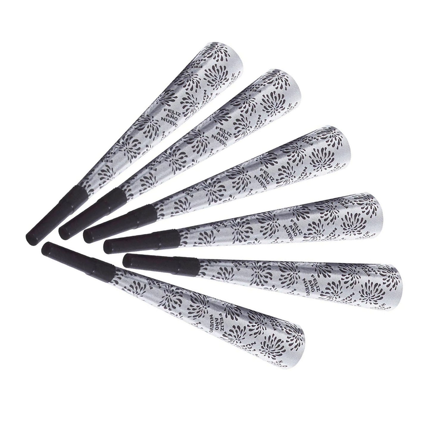"Set von 6 TROMPETEN FELIZ AÑO NUEVO SILBER"25 cm – Vorderansicht