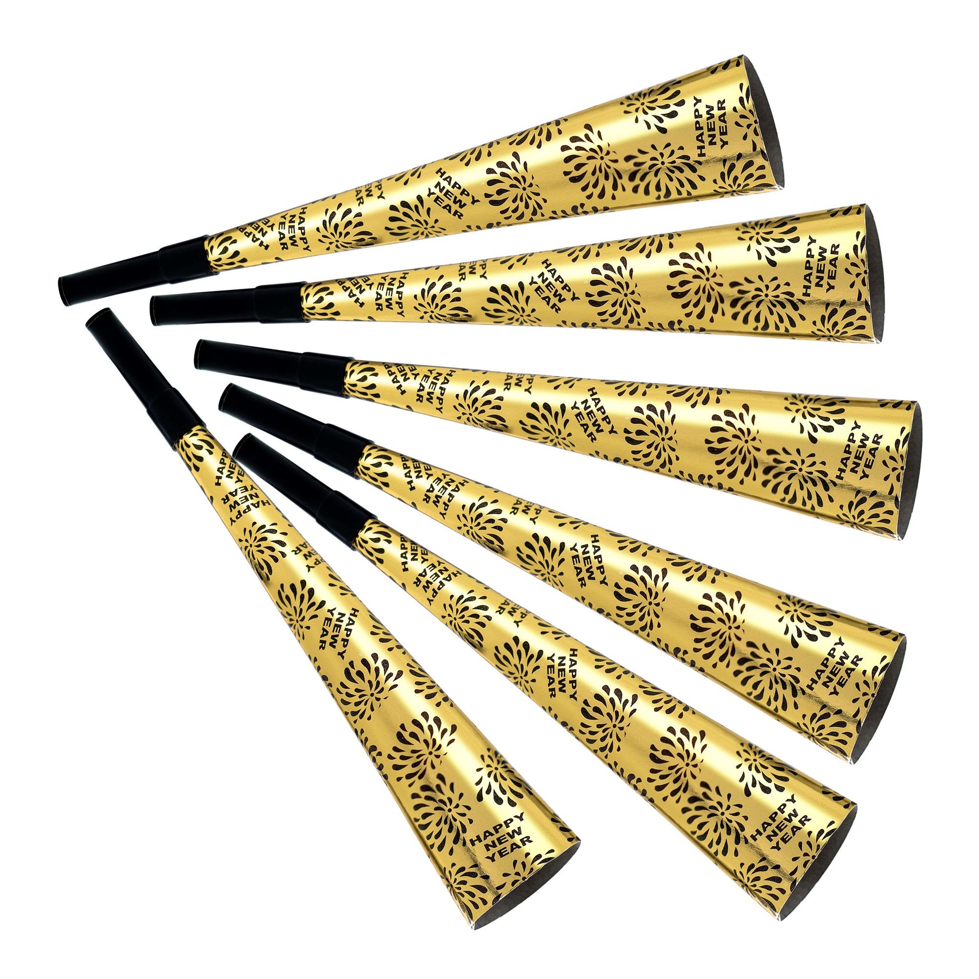 "Set von 6 TROMPETEN HAPPY NEW YEAR GOLD" 25cm – Vorderansicht