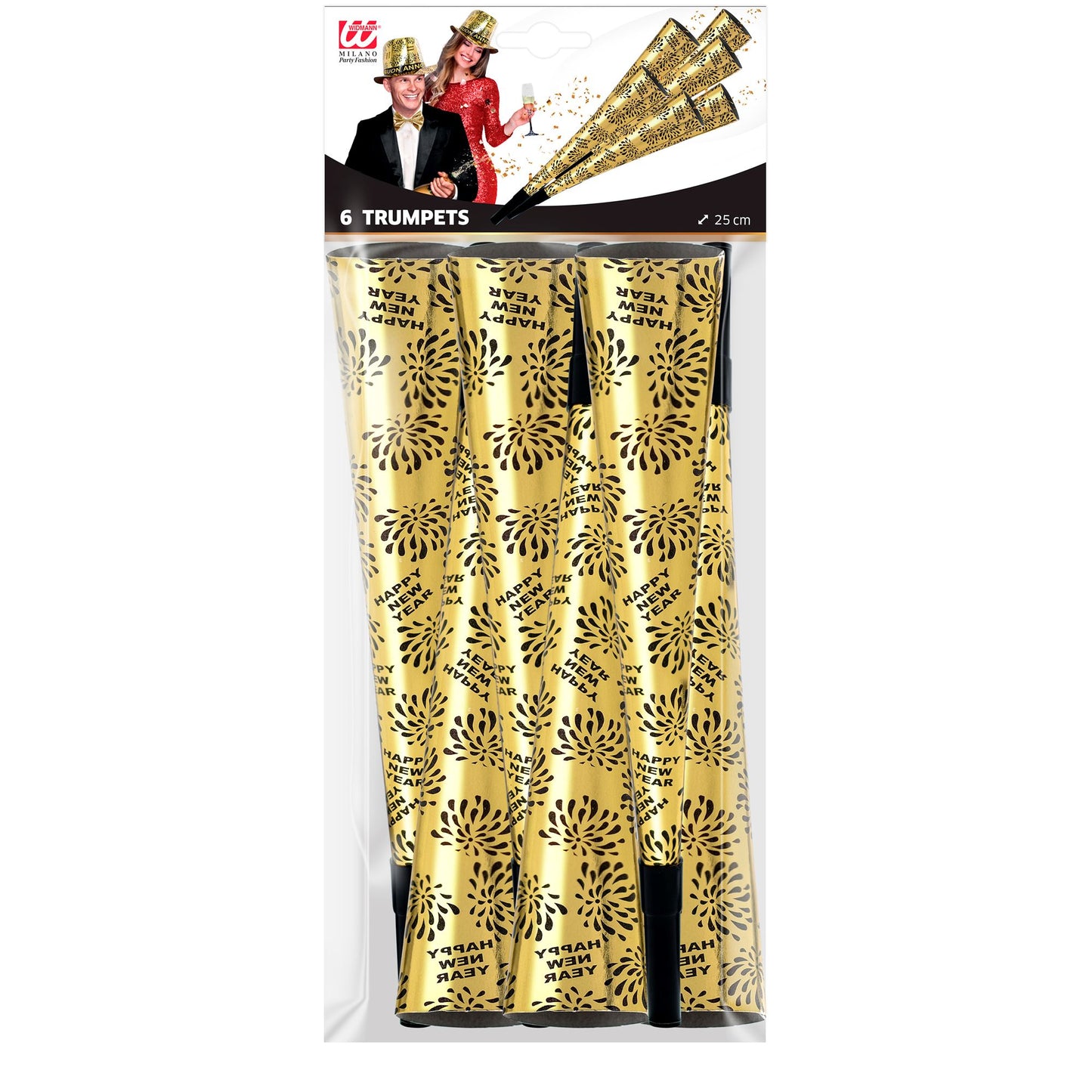 "Set von 6 TROMPETEN HAPPY NEW YEAR GOLD" 25cm – Detailansicht
