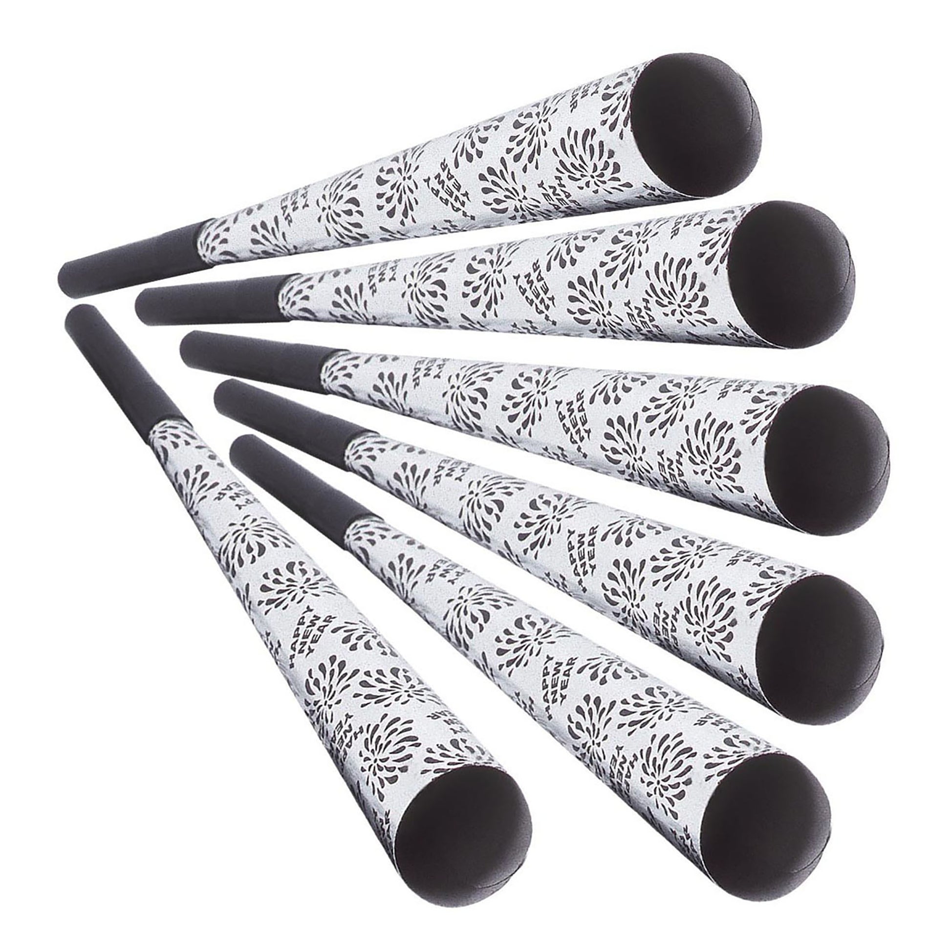 "Set von 6 TROMPETEN HAPPY NEW YEAR SILBER" 25 cm – Vorderansicht