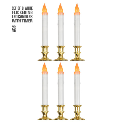 "SET VON 6 WEIßEN FLACKERNDEN LED KERZEN MIT TIMER" 23 cm – Vorderansicht