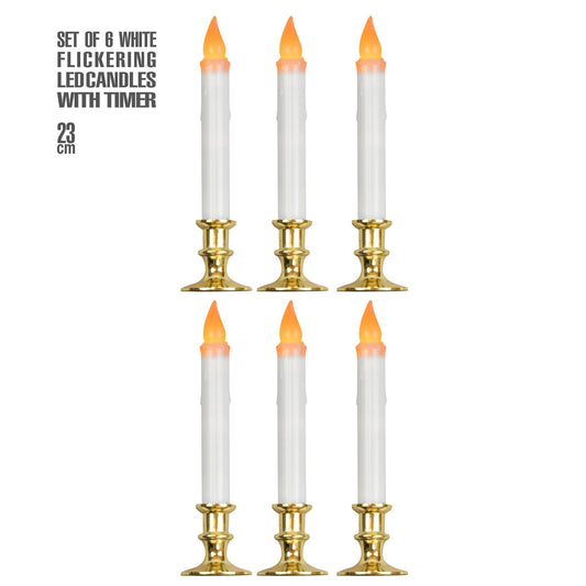 "SET VON 6 WEIßEN FLACKERNDEN LED KERZEN MIT TIMER" 23 cm – Vorderansicht