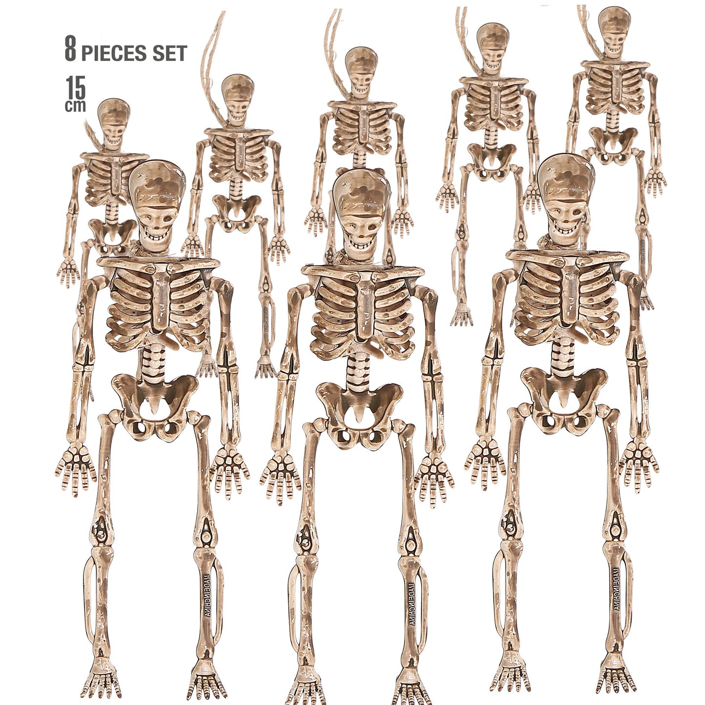 Set von "8 SKELETTEN" 15 cm (mit 11 m langer Schnur zum Aufhängen) – Vorderansicht
