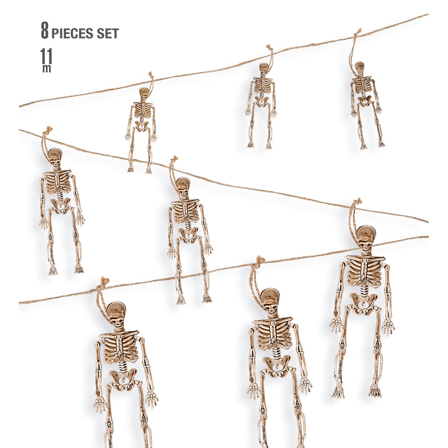 Set von "8 SKELETTEN" 15 cm (mit 11 m langer Schnur zum Aufhängen) – Detailansicht