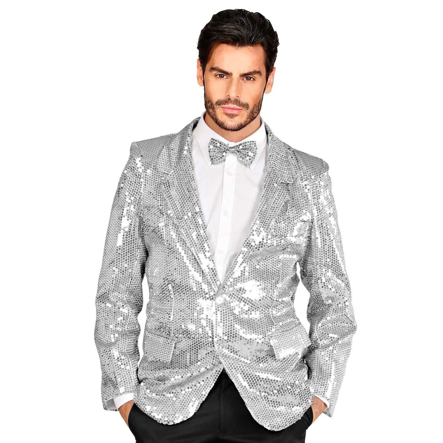"SHOWTIME" (silberfarbige Paillettenjacke) – Vorderansicht