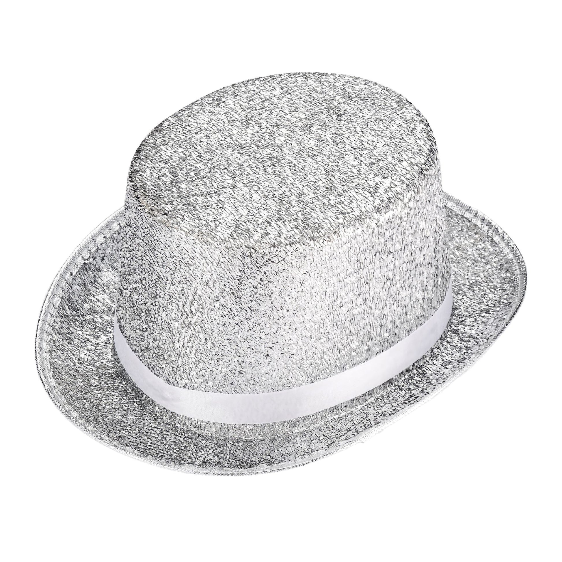"SILBENER ZYLINDERHUT AUS LUREX" 12 cm – Vorderansicht