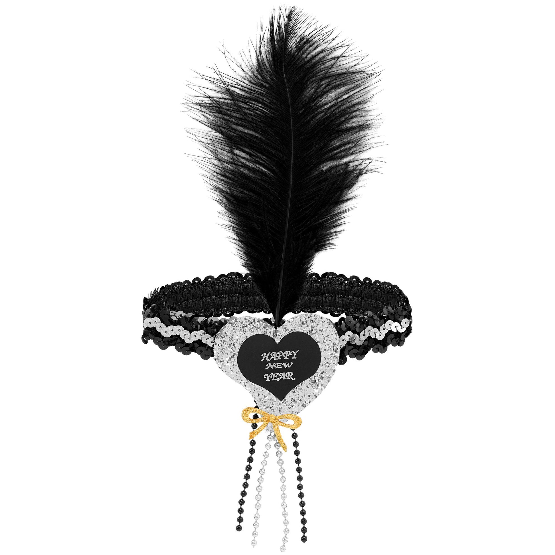 "SILBER-SCHWARZES HAARBAND MIT HERZ HAPPY NEW YEAR AUS SEQUIN UND MIT FEDER" – Vorderansicht