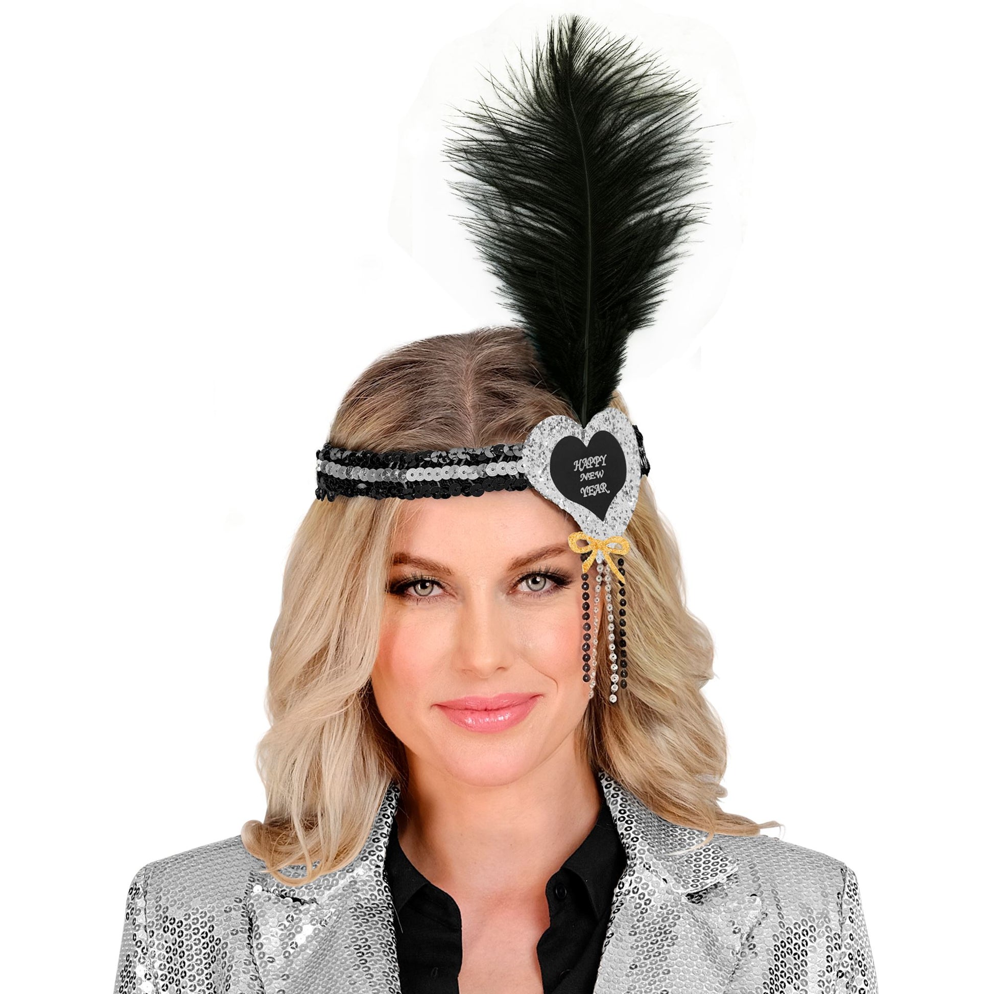 "SILBER-SCHWARZES HAARBAND MIT HERZ HAPPY NEW YEAR AUS SEQUIN UND MIT FEDER" – Detailansicht