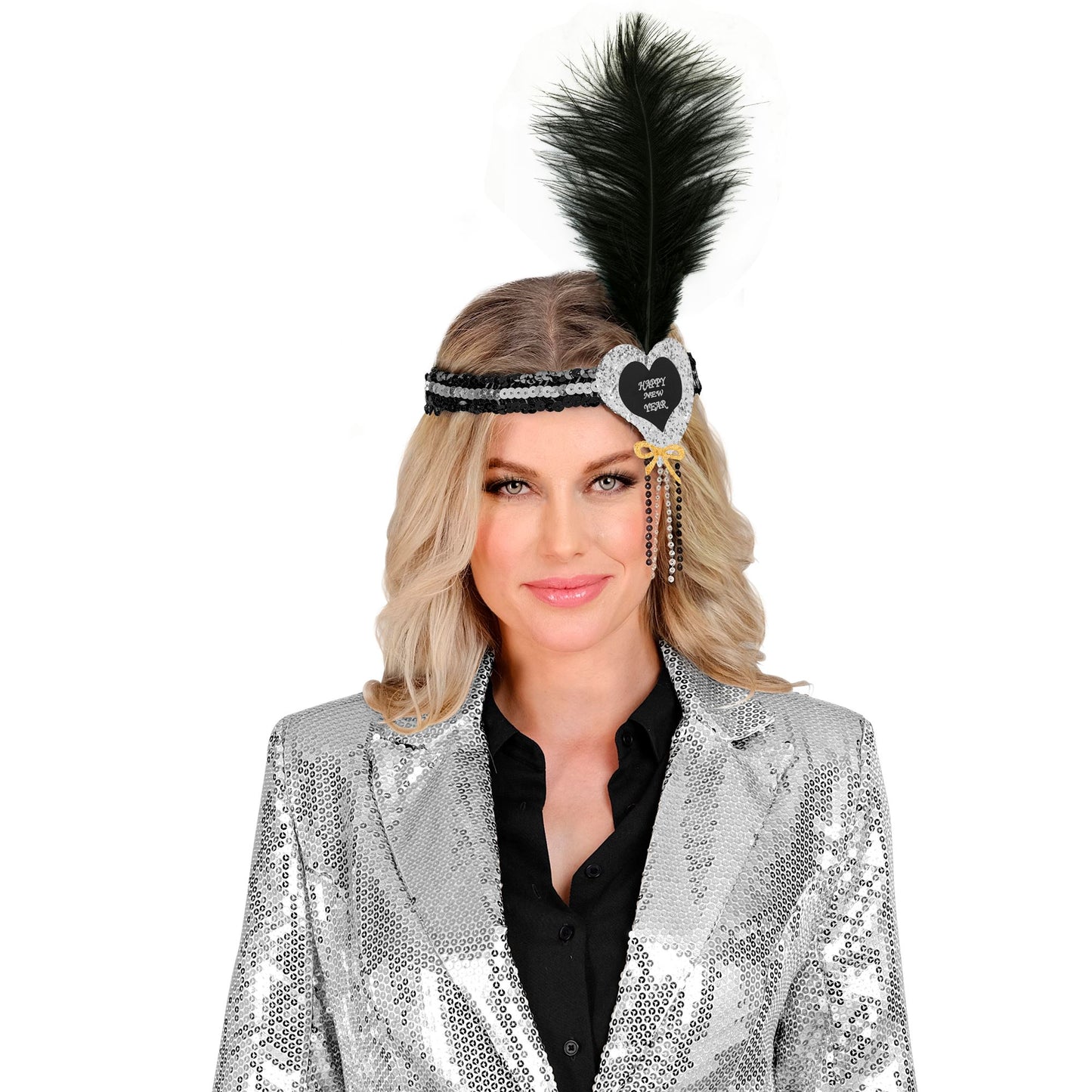 "SILBER-SCHWARZES HAARBAND MIT HERZ HAPPY NEW YEAR AUS SEQUIN UND MIT FEDER" – Ansicht 3
