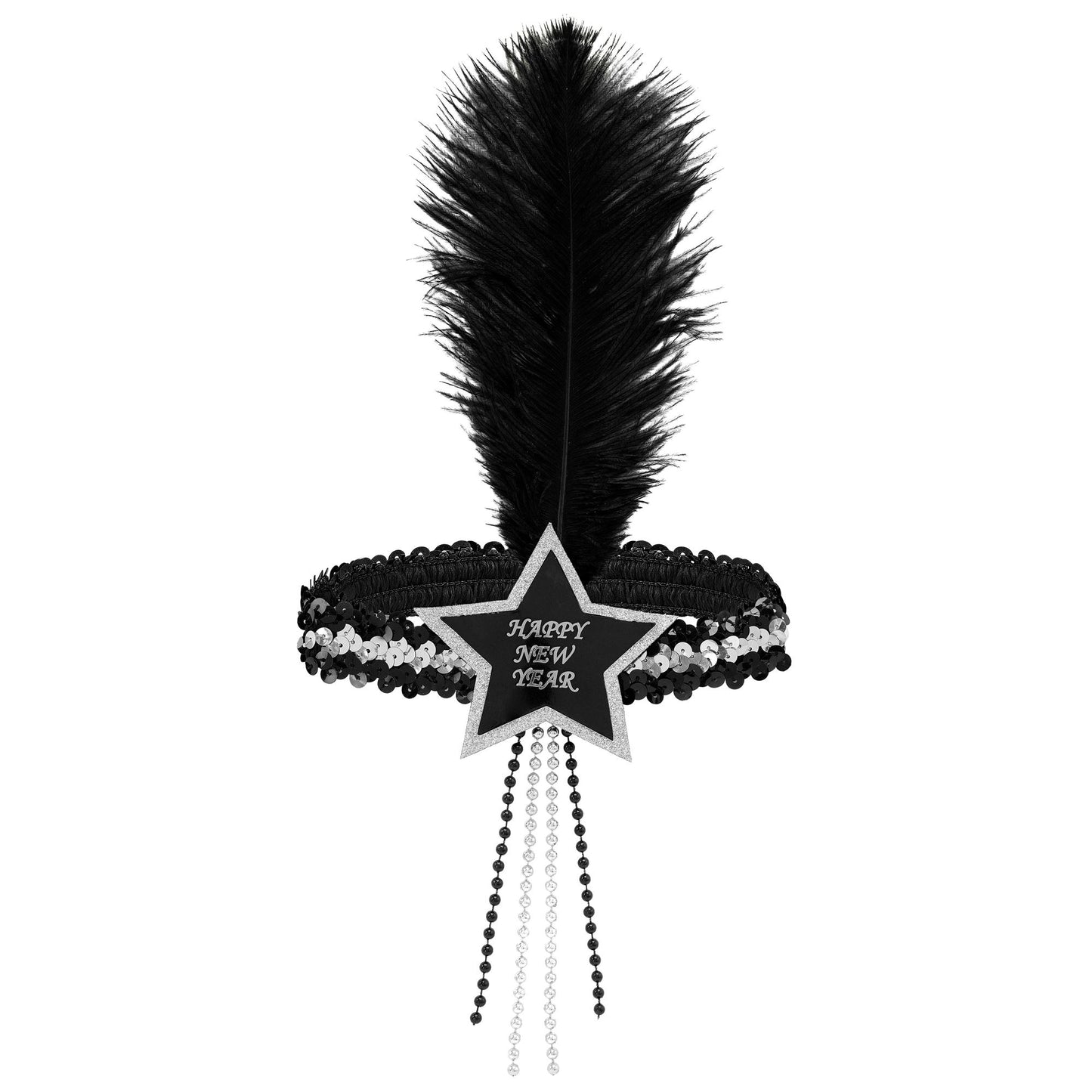 "SILBER-SCHWARZES HAARBAND MIT STERN HAPPY NEW YEAR AUS SEQUIN UND MIT FEDER" – Vorderansicht