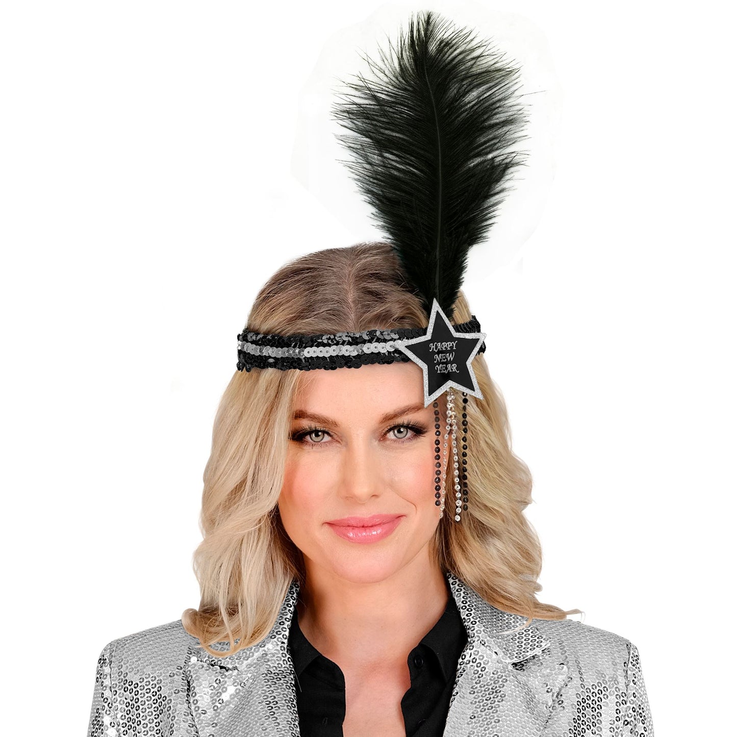 "SILBER-SCHWARZES HAARBAND MIT STERN HAPPY NEW YEAR AUS SEQUIN UND MIT FEDER" – Detailansicht