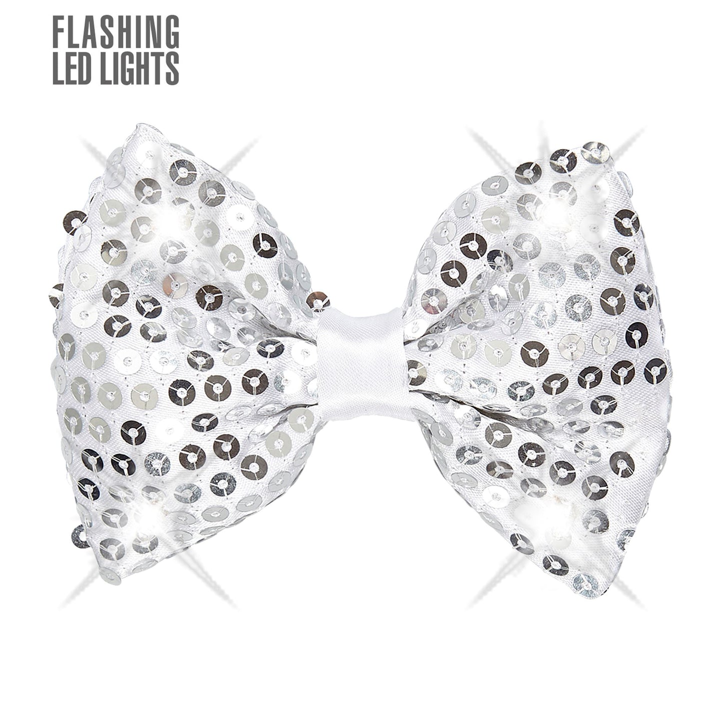 "SILBERNE PAILLETTENFLIEGE MIT 4 LED LICHTERN" regulierbar – Vorderansicht