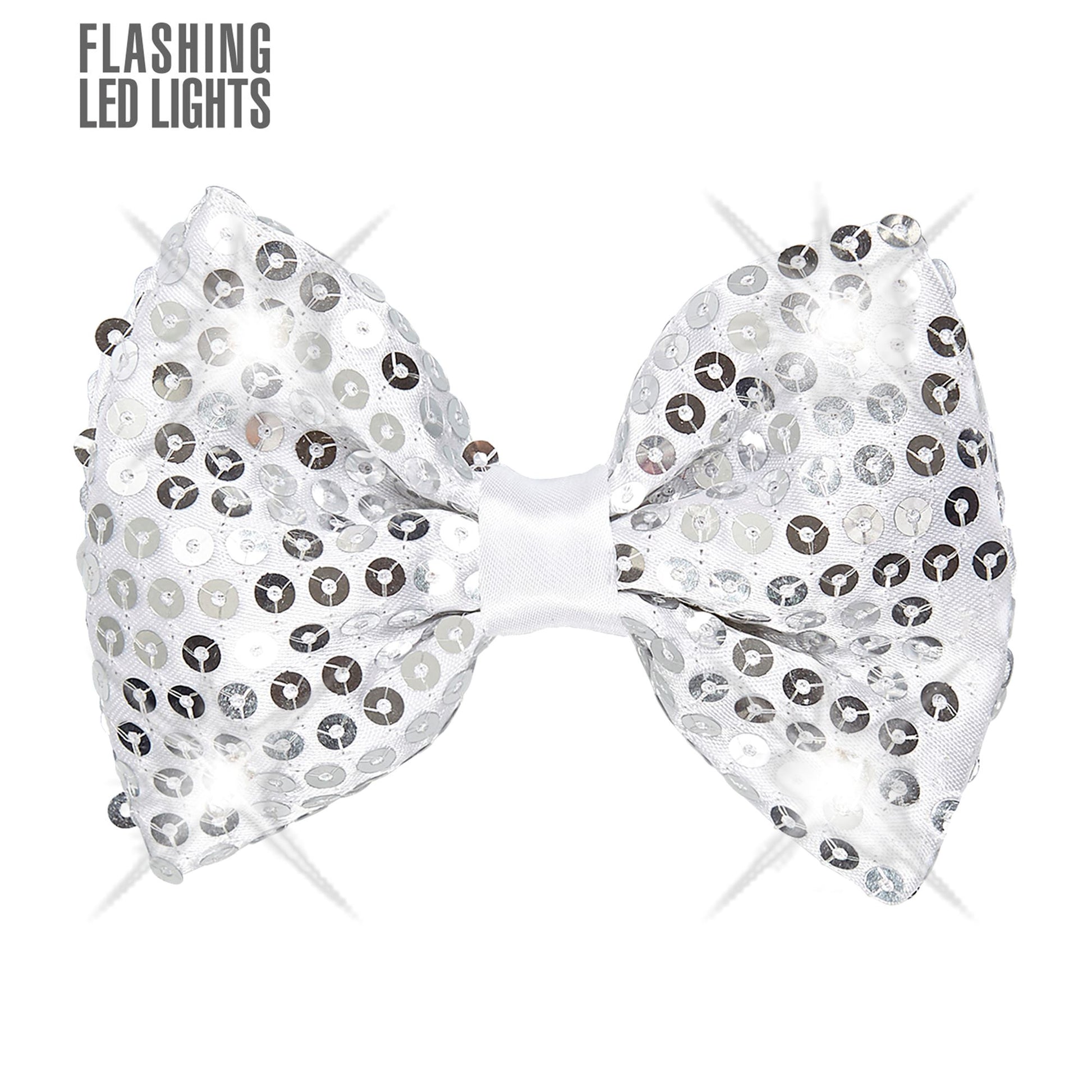 "SILBERNE PAILLETTENFLIEGE MIT 4 LED LICHTERN" regulierbar – Vorderansicht