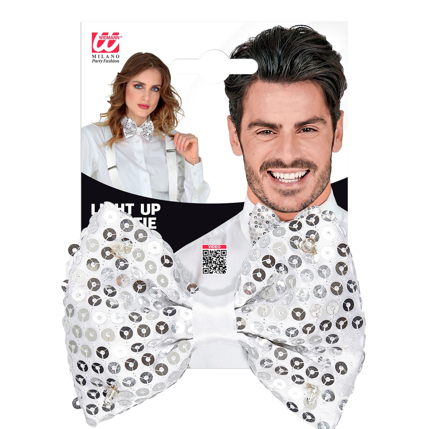 "SILBERNE PAILLETTENFLIEGE MIT 4 LED LICHTERN" regulierbar – Detailansicht