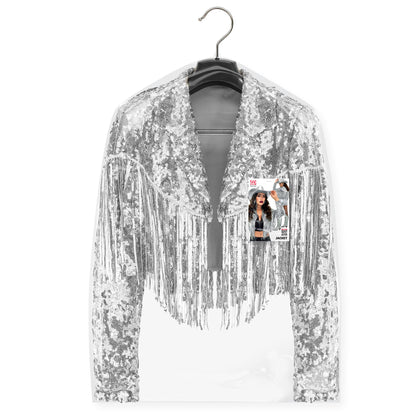 "SILBERNE PAILLETTENJACKE MIT FRANSEN" – Detailansicht
