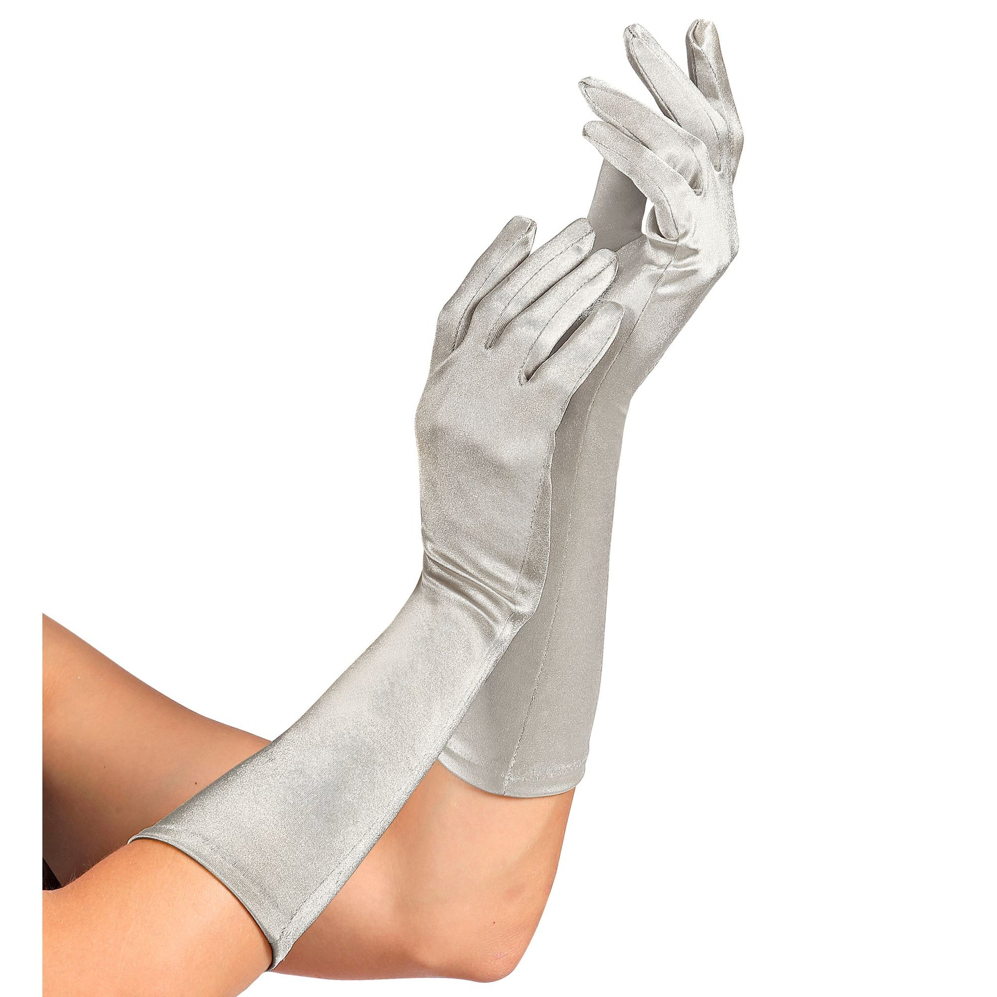 "SILBERNE SATIN HANDSCHUHE IN ELASTHAN" 40 cm – Vorderansicht