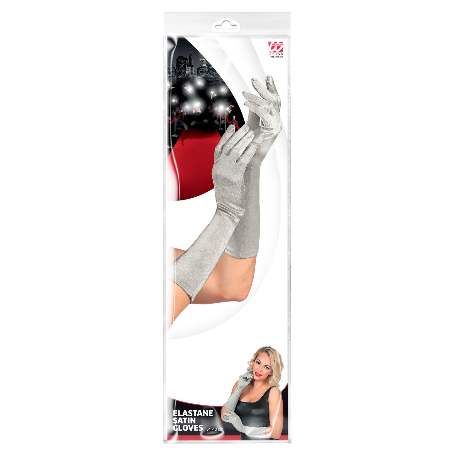 "SILBERNE SATIN HANDSCHUHE IN ELASTHAN" 40 cm – Detailansicht