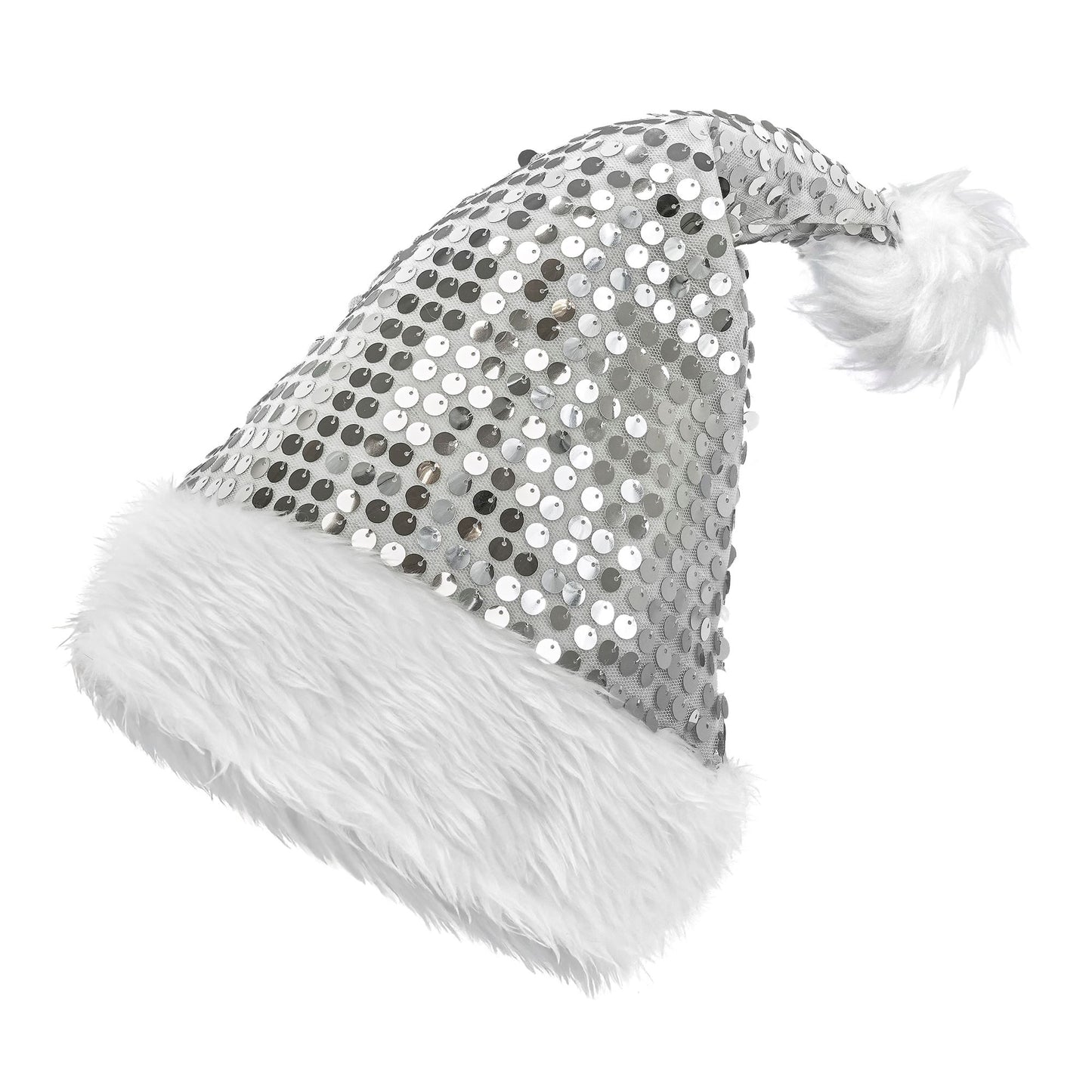 "SILBERNE WEIHNACHTSMANNMÜTZE MIT PLÜSCH & PAILLETTEN" – Vorderansicht