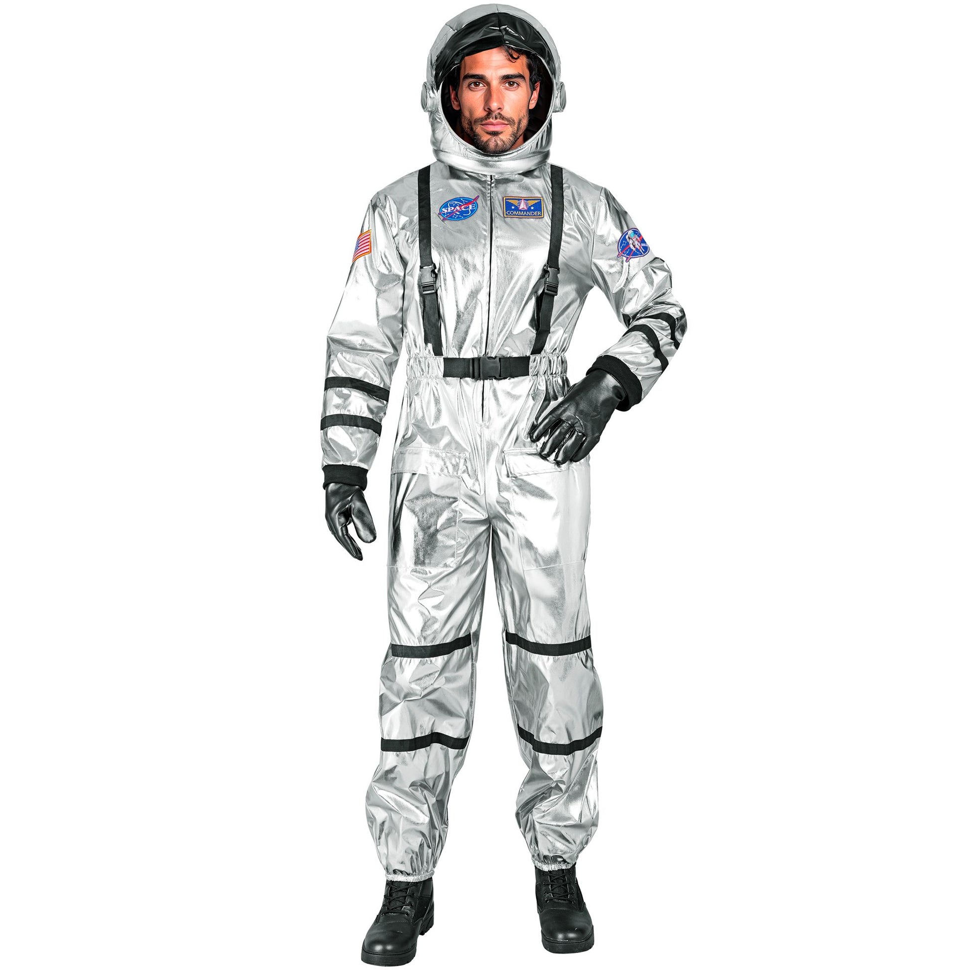 "SILBERNER ASTRONAUT" (Overall, Helm) – Vorderansicht