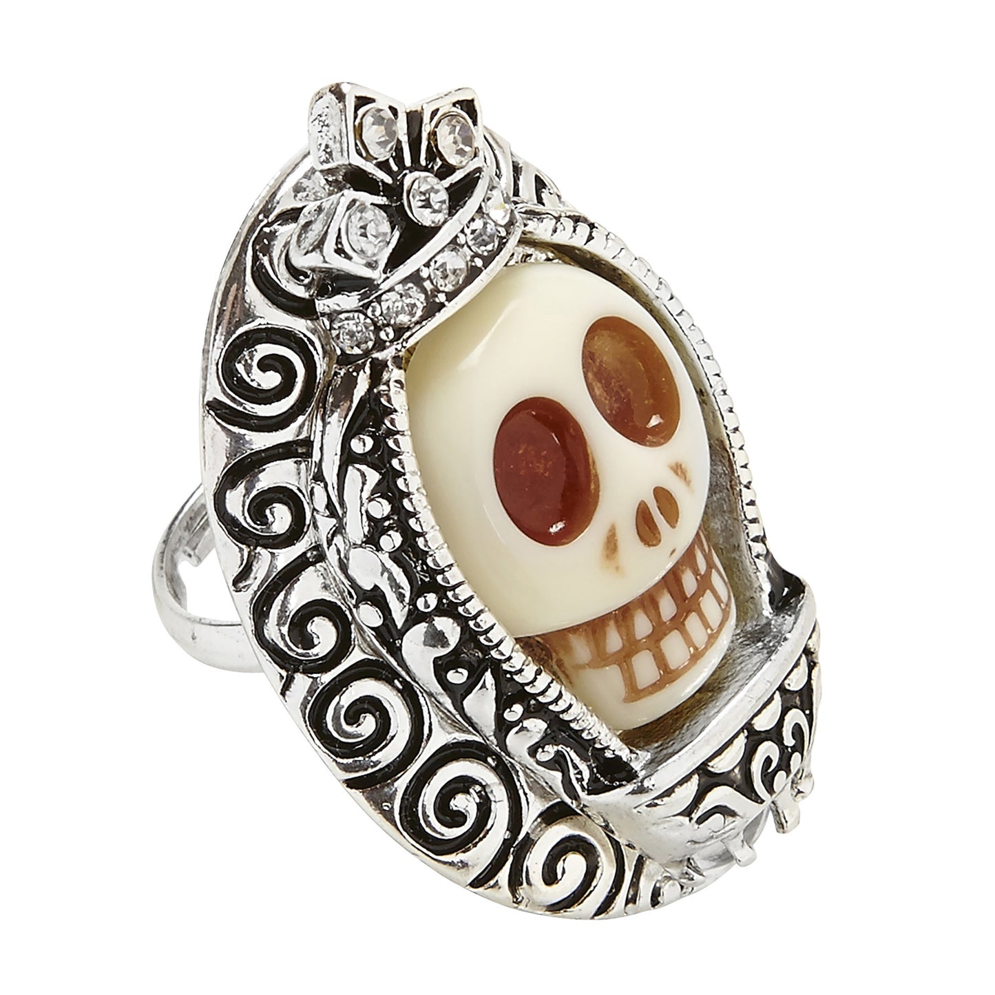 "SILBERNER RING MIT WEISSEM TOTENKOPF UND STRASS" – Vorderansicht