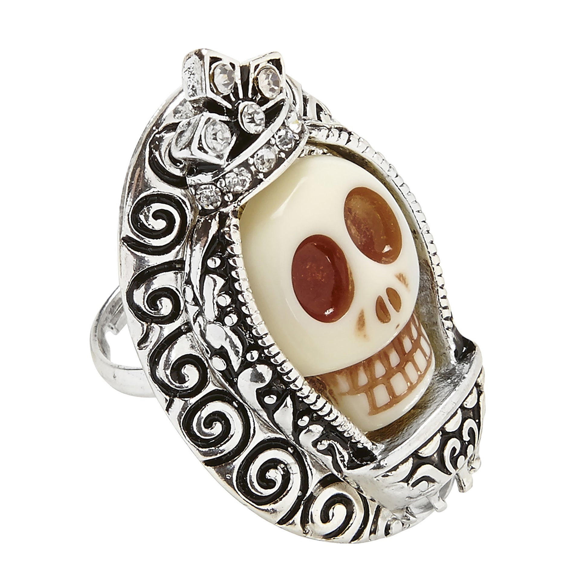 "SILBERNER RING MIT WEISSEM TOTENKOPF UND STRASS" – Vorderansicht