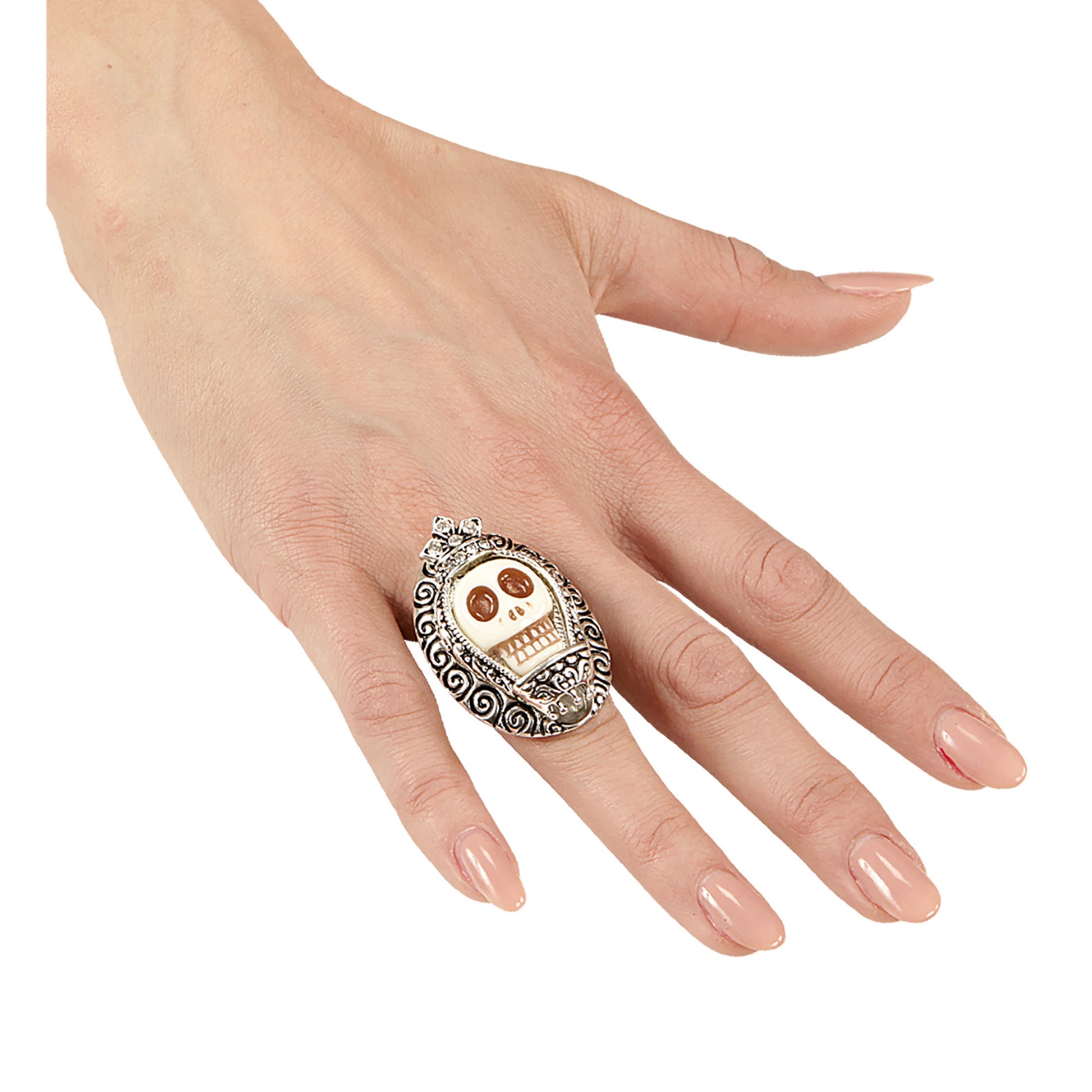 "SILBERNER RING MIT WEISSEM TOTENKOPF UND STRASS" – Detailansicht