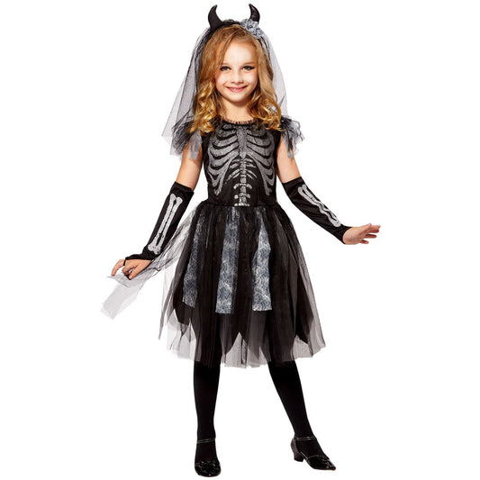 "SKELEDEV BRIDE" (Kleid, fingerlose Handschuhe, Brautschleier mit Hörnern) – Vorderansicht