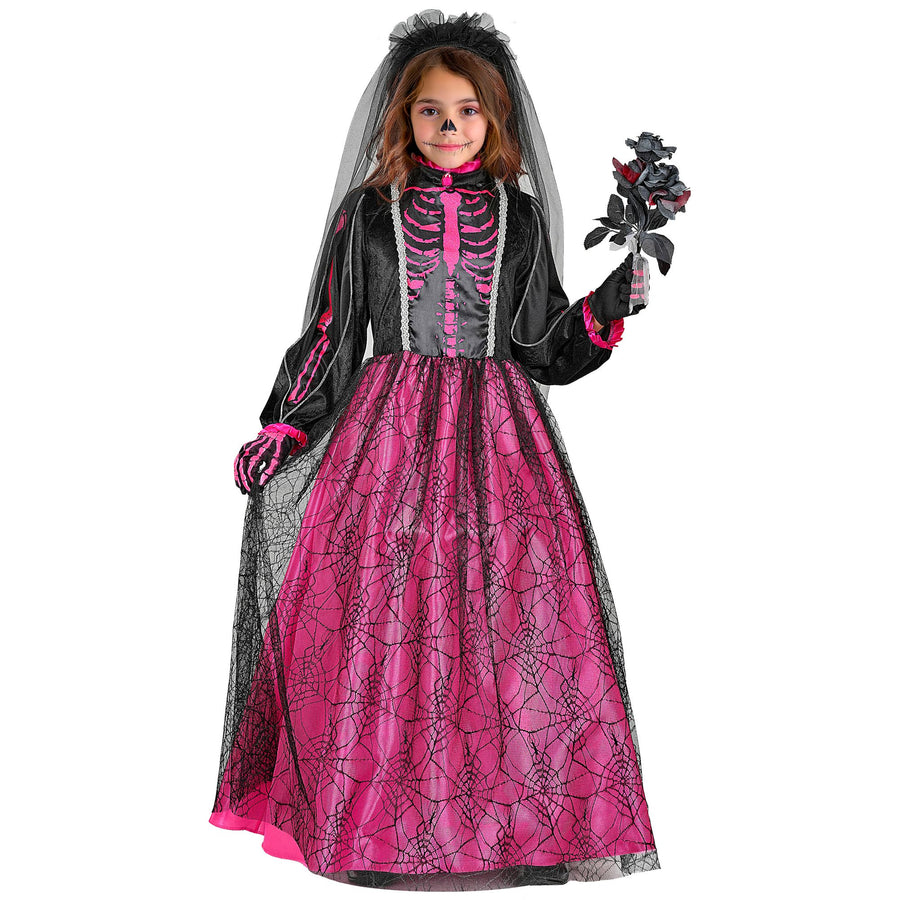 "SKELETT BRAUT" (Kleid mit Unterrock & Reifrock, Brautschleier) – Vorderansicht