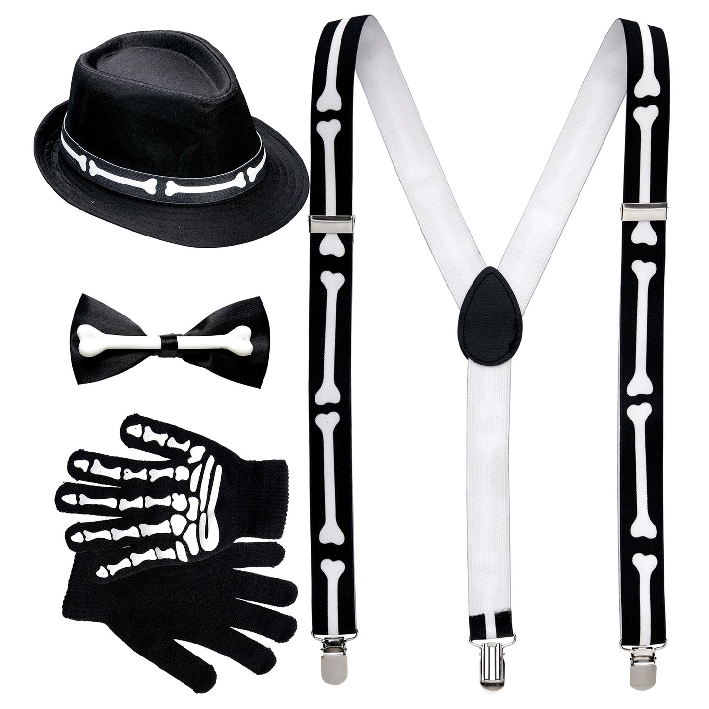 "Skelett" (Hosenträger, Fliege, Handschuhe & Hut) – Vorderansicht