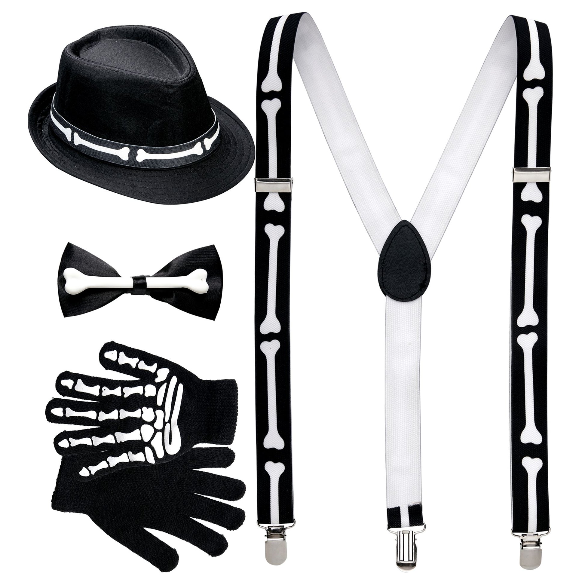 "Skelett" (Hosenträger, Fliege, Handschuhe & Hut) – Vorderansicht
