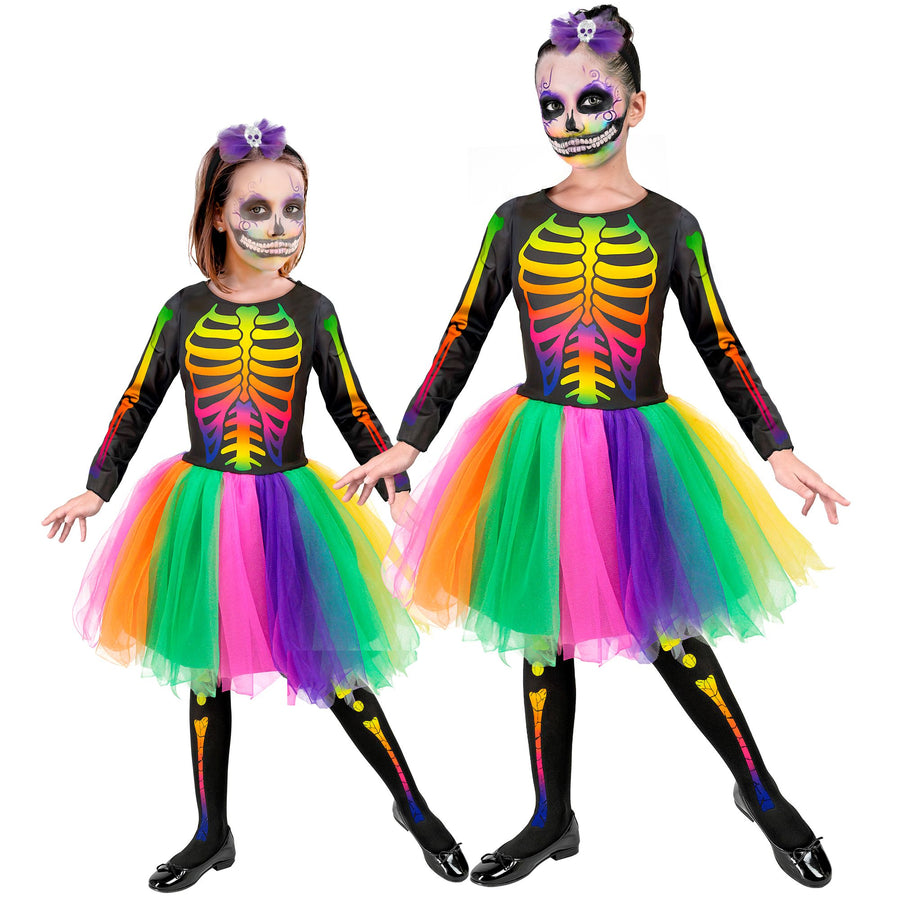 "SKELETT" (Kleid mit Tutu, Haarreif mit Schleife und Totenkopf) – Vorderansicht