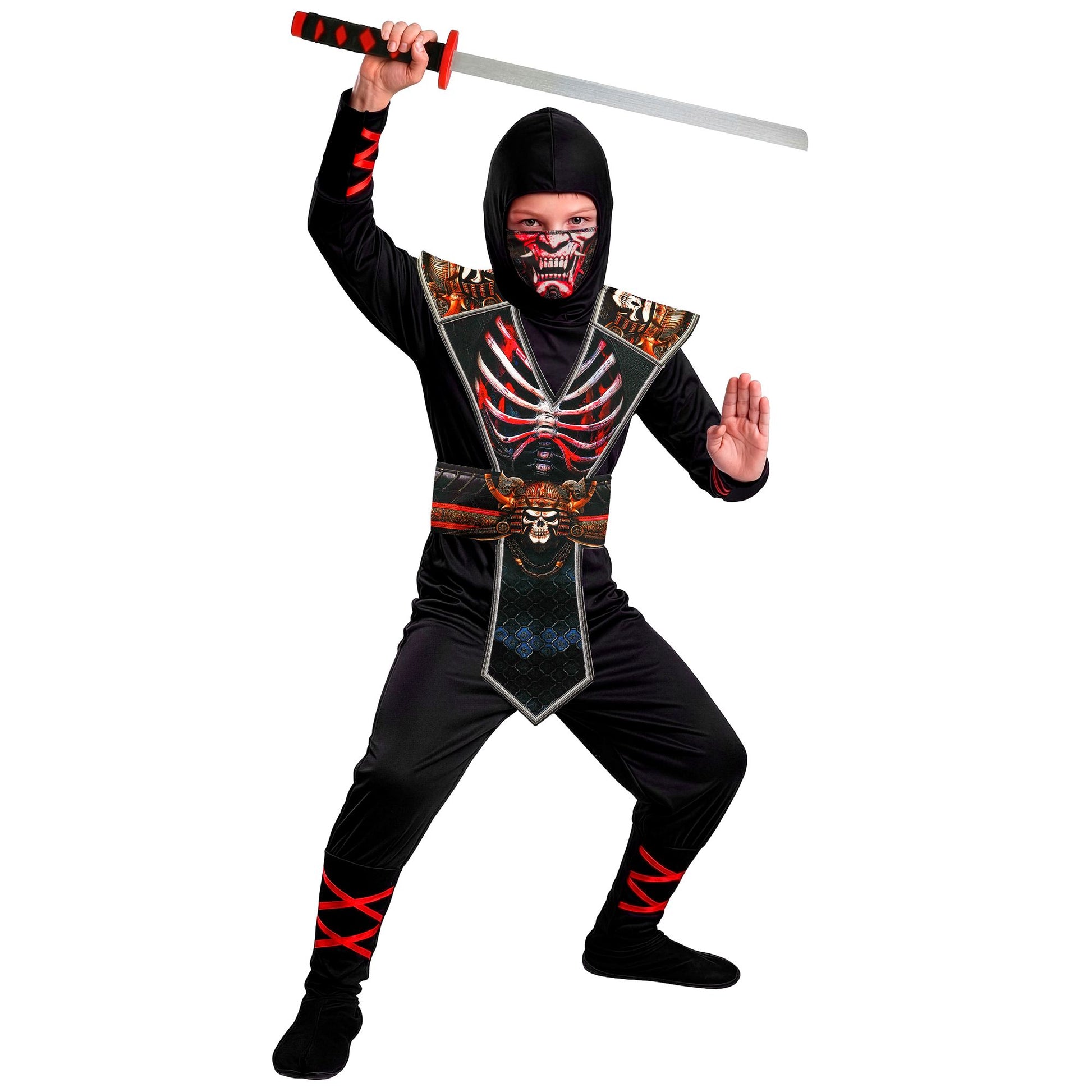 "SKELETT NINJA" (Overall, Brustrüstung mit Gürtel, Kapuze, Maske) – Vorderansicht