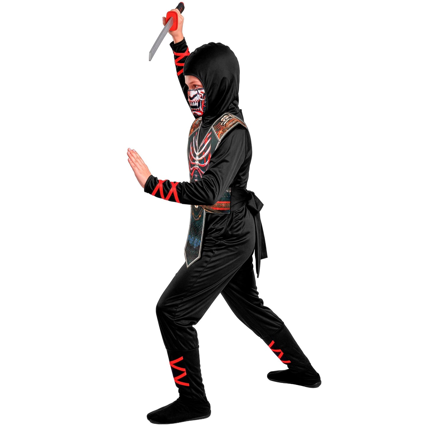 "SKELETT NINJA" (Overall, Brustrüstung mit Gürtel, Kapuze, Maske) – Detailansicht