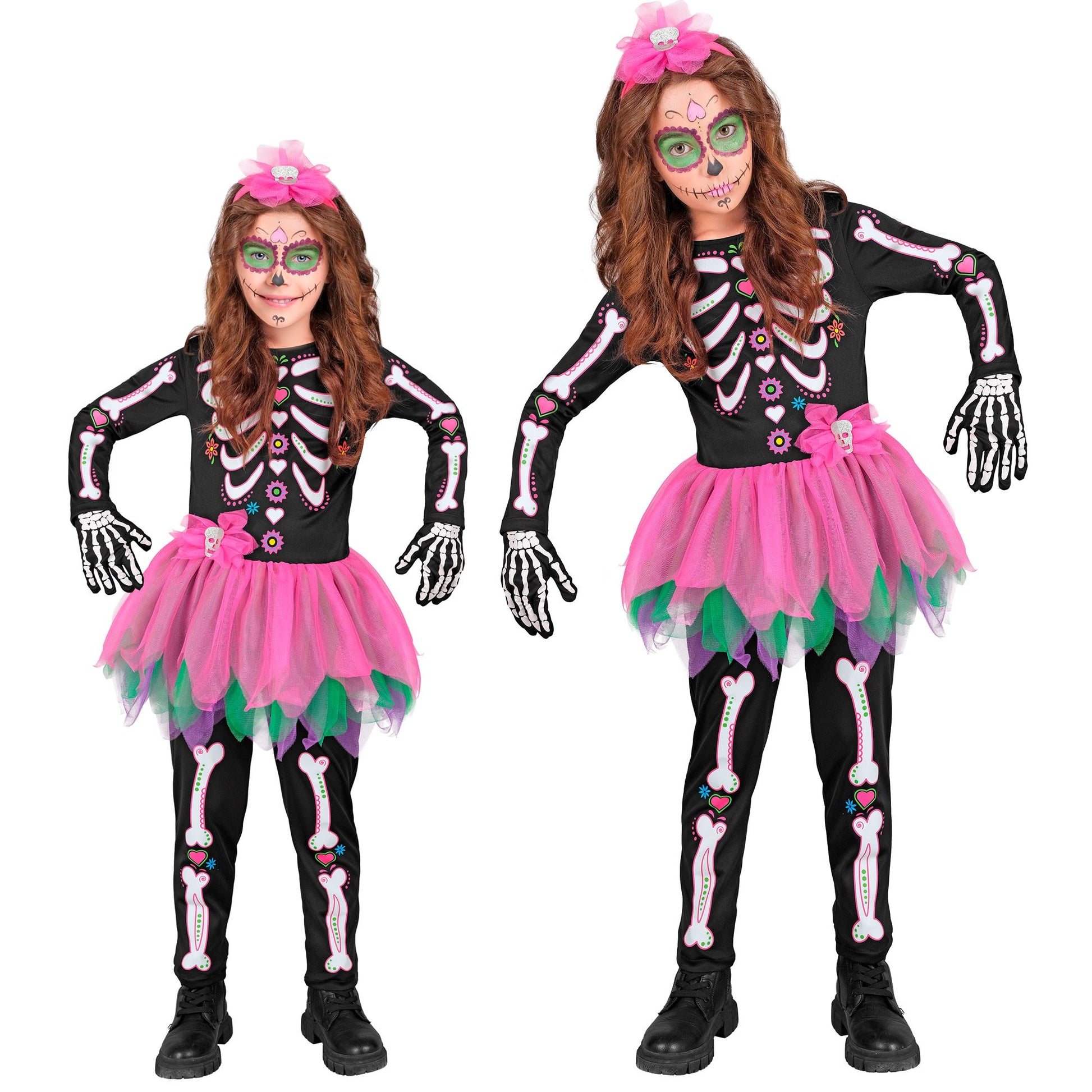 "SKELETT" (Overall mit Tutu, Haarreif mit Schleife und Totenkopf) – Vorderansicht