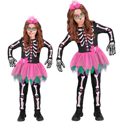 "SKELETT" (Overall mit Tutu, Haarreif mit Schleife und Totenkopf) – Vorderansicht