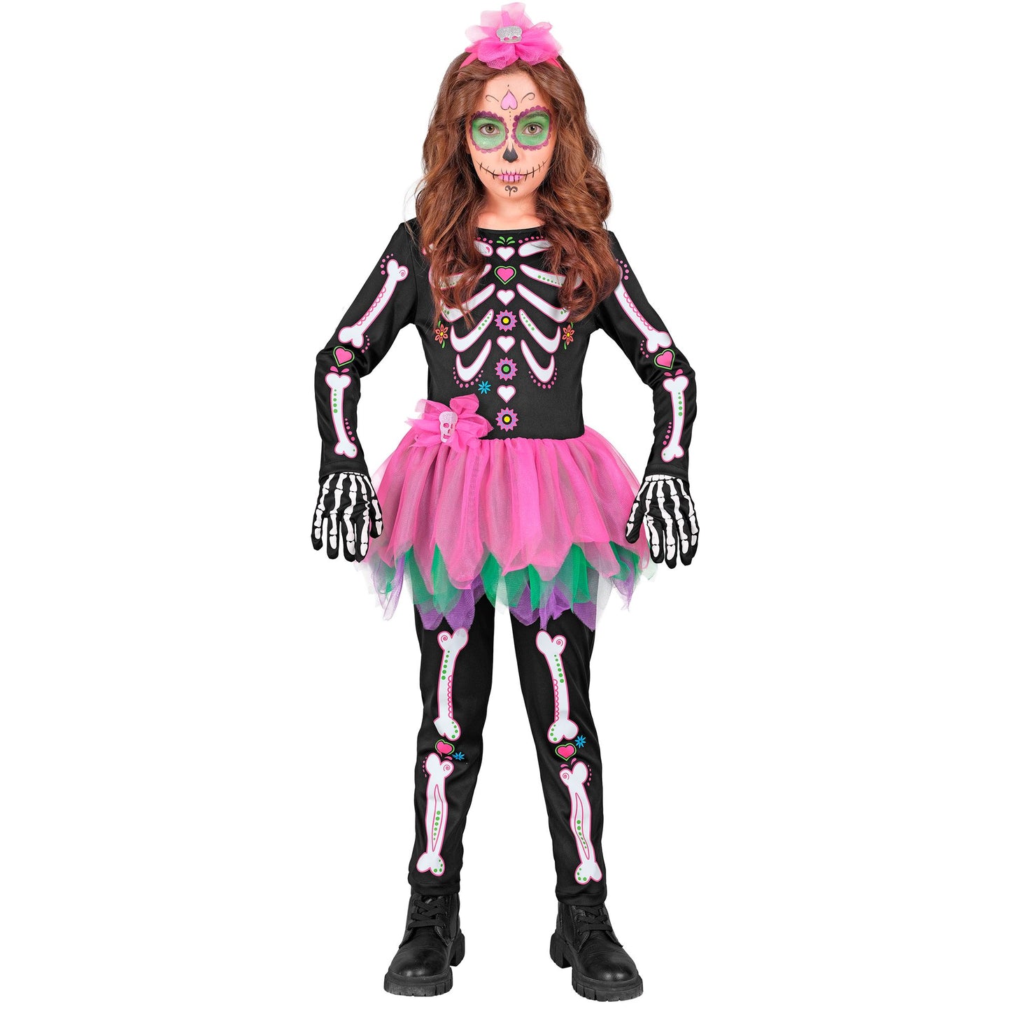 "SKELETT" (Overall mit Tutu, Haarreif mit Schleife und Totenkopf) – Detailansicht